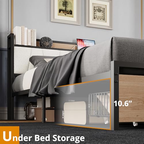 Image of LIKIMIO California King Size Bed Frame with 2 Drawers and Charging Station | Platform Bed with Upholstered Storage Headboard, No Box Spring Needed, Easy Assembly, Sturdy, Wood and Cream