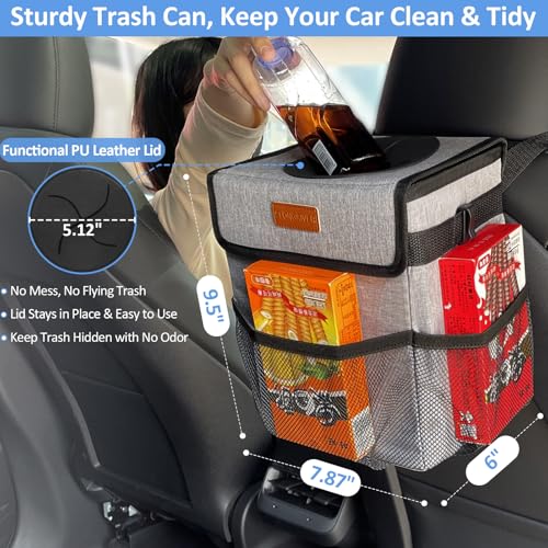 Image of ELONGRIVER Car Trash Can Bin for Back Seat Leak Proof, Cute Car Trash Bag Hanging, Vehicle Trash Can for SUV Truck Van, Automotive Garbage Cans Front Seat Grey