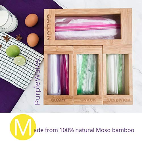PurpleWares Food Storage Bag Holders Premium Moso Bamboo Kitchen Drawer Ziplock Bag Storage