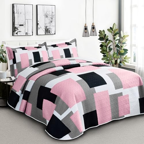 Image of Tyrot 3 Piece Pink Gray Quilt Full /Queen Size Black White Grey Bedding Set | Lightweight Bedspread, Geometric Coverlet with 2 Sham, Modern Abstract Soft Microfiber, Bed Cover for All Season, 90''x96''