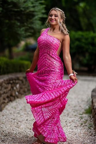 Sparkly Sequin Prom Dresses for Women 2024 Mermaid One Shoulder Formal Evening Party Gowns4