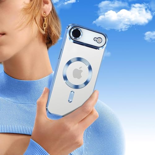 Image of Elzzi Electroplating Transparent Clear Logo Back Cover Case TPU Compatible with iPhone 17 Air, Compatible with Magsafe, Full Body & Individual Camera Protection for Each Lens Men & Women(Sierra Blue)