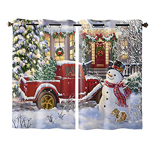 Christmas Curtains Panels for Bedroom Happy Snowman Red Truck Load Xmas Tree Window Curtains for Living Room Solding Glass Door - Set of 2 Panels, 80