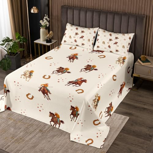 Erosebridal Cowboy Horse Bedspread Sets,Rustic Western Animal Quilt Set for Kids Boys Girls Teens,Farmhouse Cowboy Bedspread Set Twin,Cartoon Horse Print Cowgirl Bedding Set,with 1 Pillowcase