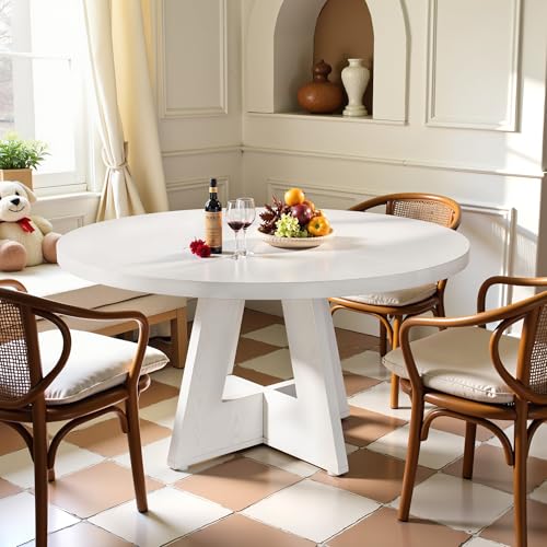 Osparple Round Dining Table for 4, 47 Inch Dinner Table Farmhouse Wooden Circle Kitchen Tables with Cross Base for Dining Room, Kitchen, Living Room, White
