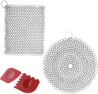 Guador 2PCS Cast Iron Cleaner,Stainless Steel Scourer 6x6 Inch Round and Square Chainmail Scrubber with Durable Plastic Pan Grill Scrapers for All Types of Skillet Griddles Griddle Cleaner Tools