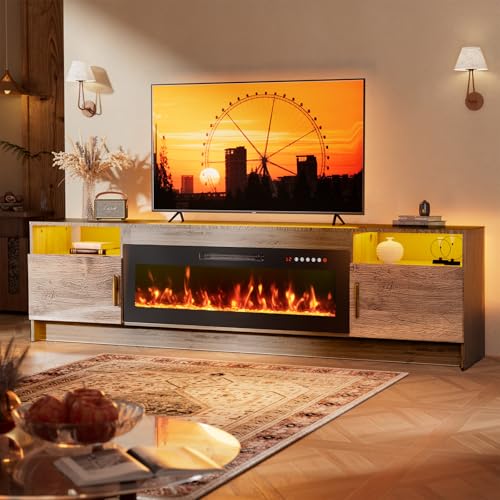 Kucreiheat 80'' TV Stand with Fireplace and Led Light-Marble Grey Entertainment Center for 90 inch TV- TV Cabinet with Storage, High Glossy Door, Modern TV Console for Living Room