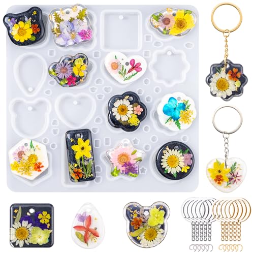 LETS RESIN Keychain Resin Molds Silicone with Hole 16 Cavities UV Resin Jewelry Pendant Mold for Beginner Epoxy Resin Molds for Keychain Pendant Jewelry Making
