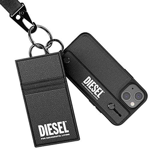 DIESEL iPhone 13 mini 5.4インチ ケース スマホスタンド レザー カードケース付きハンドストラップセット FW21 (ディーゼル iPhone13 mini, ブラック)