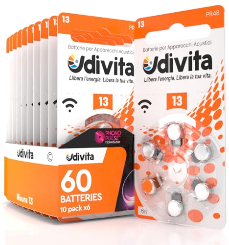 60 Batterie per Apparecchi Acustici Udivita Misura 13 PR48 a Lunga Durata con Tecnologia Phono Pulse - 10 Blister da 6 Pile