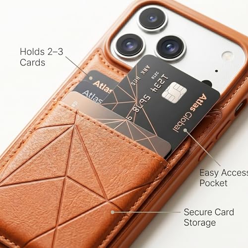 Image of amazon basics Premium Vegan Leather Back Cover with Card Holder and Integrated Mobile Stand for iPhone 17 Pro - Slim Shockproof Wallet Case with Geometric Stitching [Tan]