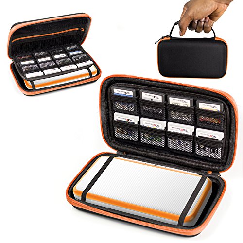 Orzly 2DS XL Case, Etui pour New Nintendo 2DS XL u0096 Housse Rigide de Rangement Zippée en Matériau Durable Anti-Choc pour la Console New 2DS XL et Ses Accessoires - Orange sur Noir