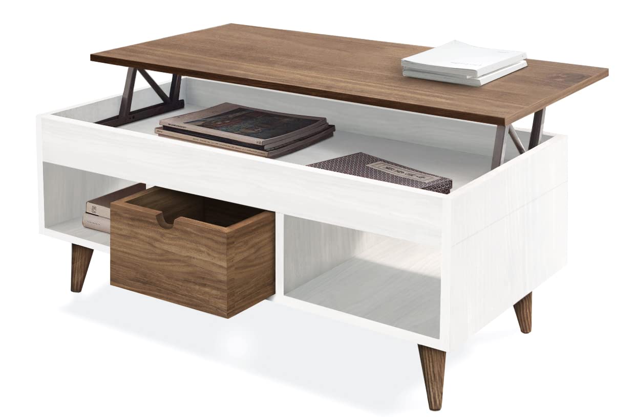 HOGAR24 ES Hogar 24 Atelier Mesa Centro Elevable Madera Maciza Natural, Combinado Color Blanco y Madera, 100 cm x 50 cm x 47 cm