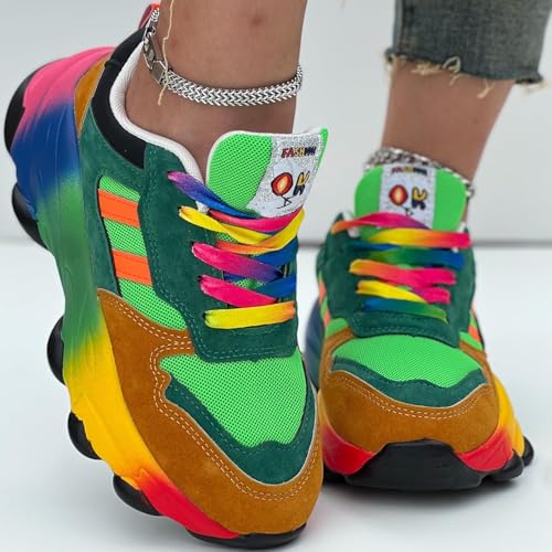 Women’s Rainbow Sneakers – Comfortable Low-Top Walking & Running Shoes with Non-Slip Air Cushion, Round Toe Design, Stylish Outdoor Lace-Up Sneakers (Yellow,10)2