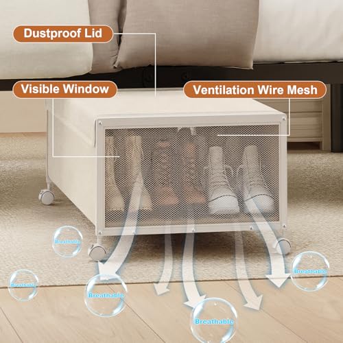 Image of 2 Pack Under the Bed Storage Containers,12 inch Height Under Bed Shoe Storage,31inch Long Underbed Storage with Wheels,Large Rolling under bed Clothes Storage Drawers with Lid for Dorm Tall,Ivory