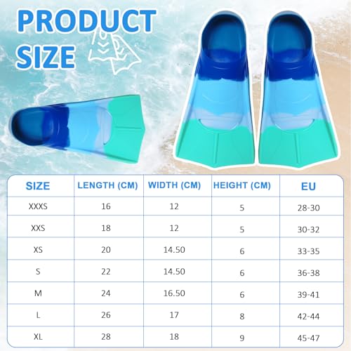 Aletas de natación para niños, 100% silicona, aletas cortas de silicona, aletas de entrenamiento, aletas de entrenamiento ligeras y cortas, aletas de entrenamiento para niños y niñas, talla XS, azul - imagen 2