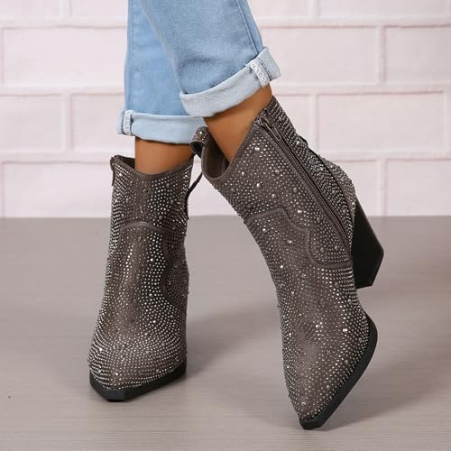 KOKOMOMO Rhinestone Short Cowboy Boots Sparkly Western Cowgirl Boots Glitter Stacked Chunky Heel Ankle Boots4