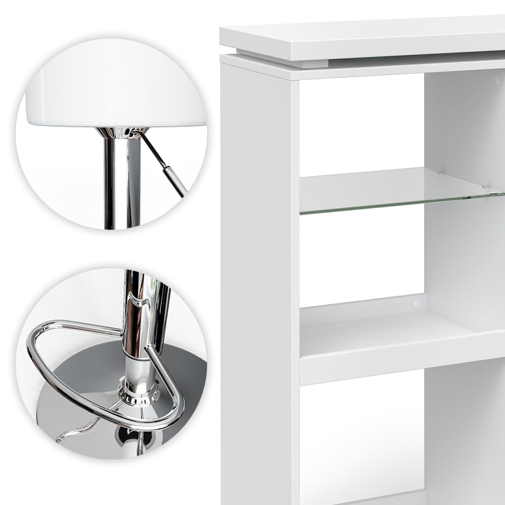 Vicco Set de Mesa de Bar Vega, Blanco, 138 x 39 cm con 2 taburetes de Bar, Plegable con estantes Abiertos para Almacenamiento
