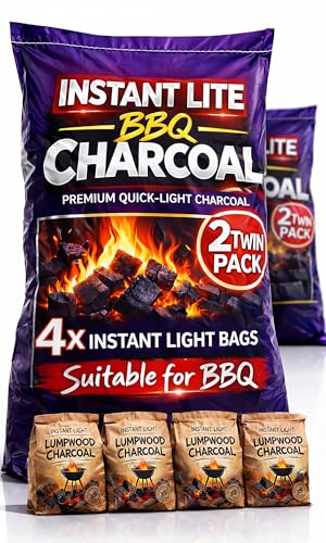 4 x 1.25kg Bags (5kg) Premium Instant Light BBQ Charcoal Bags of Instant Barbecue Lumpwood Charcoal (2x Twin Packs)