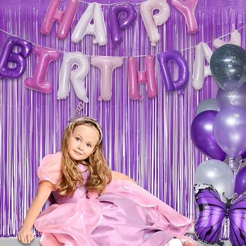 Image of Purple Tinsel Fringe Party Backdrop - GREATRIL Party Streamers for Lavender /Mermaid /Butterfly /Fairy Birthdays Party Decorations - 3.2ft X 8.2ft - 2 Packs