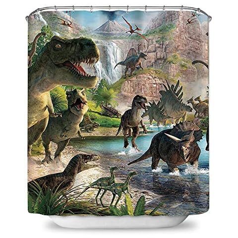 Payanwin Dinosaur Shower Curtain,Jurassic Animal Jungle Forest Mountain Decor Fabric Bathroom Decor Set with Hooks, 72 inches Cover