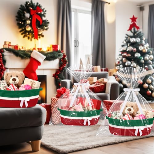 Image of Colingmill 1 Set Woven Basket for Gift Empty with Cellophane Wrap Set 14 x 10 x 5.5 Inch, Medium Decorative Gift Basket Empty to Fill, Cotton Rope Storage Box Decor (Red Green)