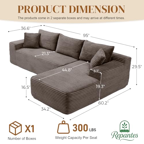 Image of 95 inch L Shaped Boneless Sectional Couches, Wide Armrest, Deep Seat, Memory Foam, Assembly Free, Modern Comfy Corduroy Fluffy Cloud Sofa with Right Chaise for Living Room, Small Spaces, Brown