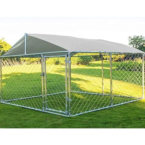 QUYZE Large Outdoor Dog Kennel, Heavy Duty Dog Kennel with Water&UV-Resistant Proof, Galvanized Steel Dog Pens Outside Dog House for Dog Run,Playpen (90"" L x 90"" W x 63"" H), Silver Cover