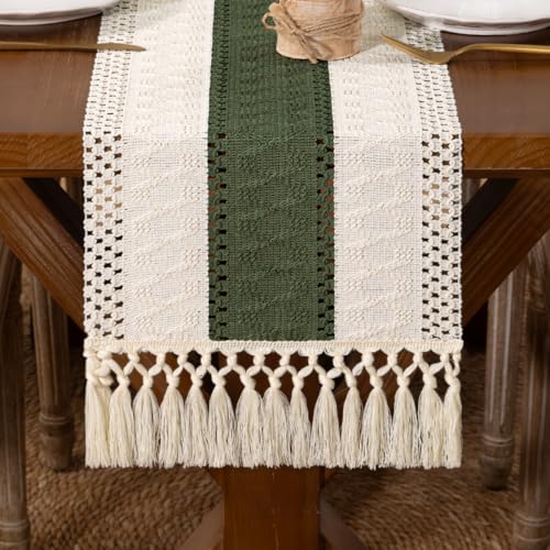 DeZerlor Boho Macrame Table Runner Spring Easter Farmhouse Woven Table Runner with Tassels 108 Inches Ivory& Olive Green Cotton Linen Kitchen Table Decor for Dining Dresser Home Tea Table Decor