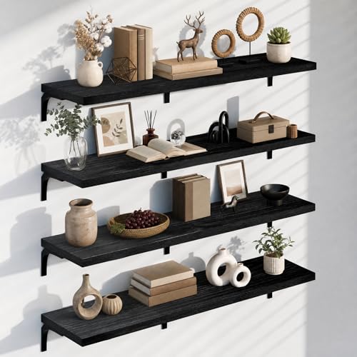 Image of 12 Inch Deep Floating Shelves Set of 4, 60 Inch Extra Wide Black Solid Wood Wall Shelves, 5ft Heavy Duty Farmhouse Wall Mounted Shelving for Kitchen, Living Room & Bedroom