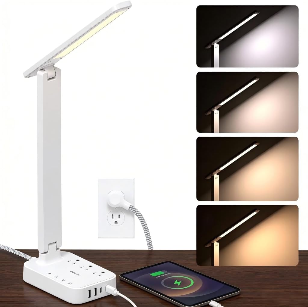 Addtam Lámpara de escritorio LED, regleta con 3 tomacorrientes, 4 puertos de carga USB (2 USBC), 4 modos, lámpara táctil de 5 niveles de brillo, lámpara de escritorio pequeña para el hogar, oficina, universidad, dormitorio, elementos esenciales, color blanco