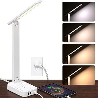 Addtam LED Desk Lamp, Power Strip with 3 Outlets 4 USB Charging Ports2 USBC, 4 Modes 5 Level Brightness Touch Lamp, Small Desk Lamp for Home Office College Dorm Room Essentials, White