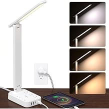 Addtam LED Desk Lamp, Power Strip with 3 Outlets 4 USB Charging Ports2 USBC, 4 Modes 5 Level Brightness Touch Lamp, Small Desk Lamp for Home Office College Dorm Room Essentials, White