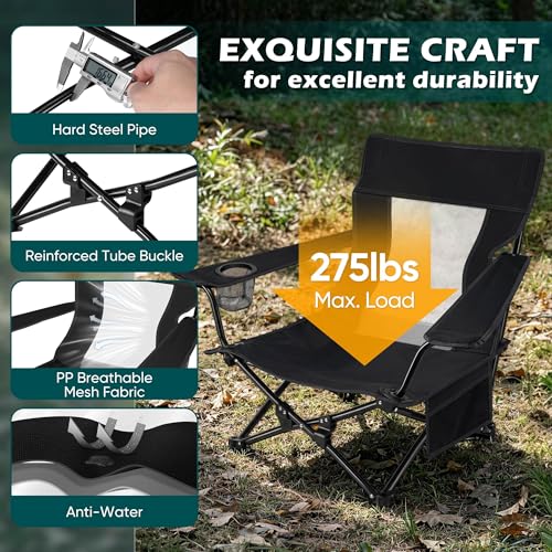 Image of HaSteeL Low Beach Chair Set of 2, Foldable Black Camping Chair with Adjustable Umbrella Set for Adults, Lightweight Portable Lawn Chairs for Fishing, Picnic, Outdoor BBQ, Travel, Sports
