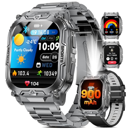 HIRREO TX12 Smart Watch for Men, 900 mAh Battery/LED Flashligh Military Smart Watches, 2.01'' HD Fitness Tracker, 100+ Sports Mode/Pedometer/IP68 Waterproof Smartwatch for Android iOS Phones
