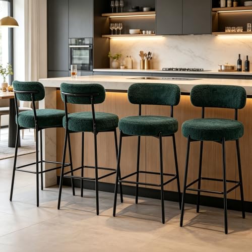 Image of Bar Stools, 30 inch Tall Bar Stools Set of 4, Boucle Upholstered Counter Height Bar Stools, Modern Bar Chairs Metal Frame with Back and Footrest for Kitchen Island,Green Barstools