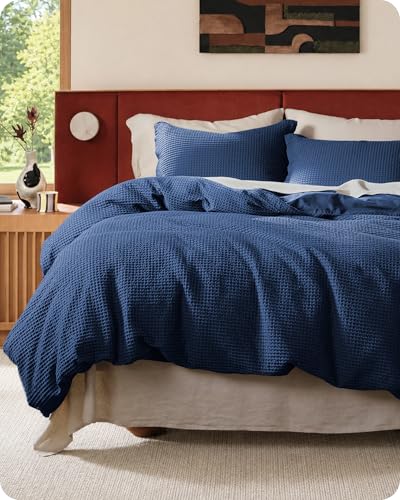 Image of Bedsure Cotton Duvet Cover Set - 100% Cotton Waffle Weave Navy Duvet Cover Oversized King Size, PureWoven Breathable Bedding Set for All Season, 3 Pieces, 120 inchx98 inch