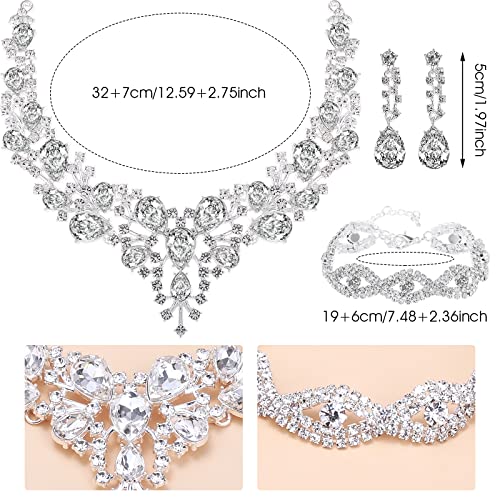 Bride Jewelry Set Rhinestone Wedding Jewelry Set Silver Crystal Wedding Necklace Bracelet Earrings Jewelry Set Bridesmaids Prom Jewelry Set for Women and Girls - Image 3