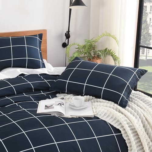 Image of Andency Navy Plaid Comforter Twin(66x90Inch), Dark Blue Grid Gingham Buffalo Plaid Bed Set for Boys Kids Teens, 2 Pieces Lightweight Polyester Geometric Preppy Bedding