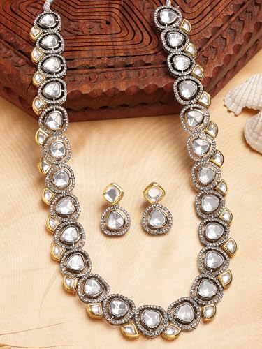 Image of Karatcart Gold Plated Green Crystal and Pearl Studded Kundan Rani-Haar Necklace Set for Women