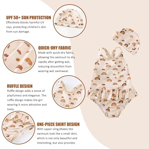 Image of DEFAHN Toddler Swimsuit Girl One-Piece Swimwear Girl Ruffled Bathing Suits with Hat 9 Month-6Y