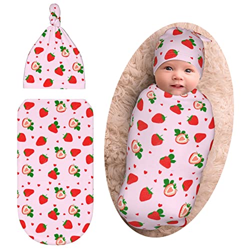Image of Cute Heart Strawberry Baby Stuff Swaddle Blanket Newborn Baby Swaddles Wrap Soft Transition Sleep Sacks Stretchy with Hat Gifts for Boy Girl Infant
