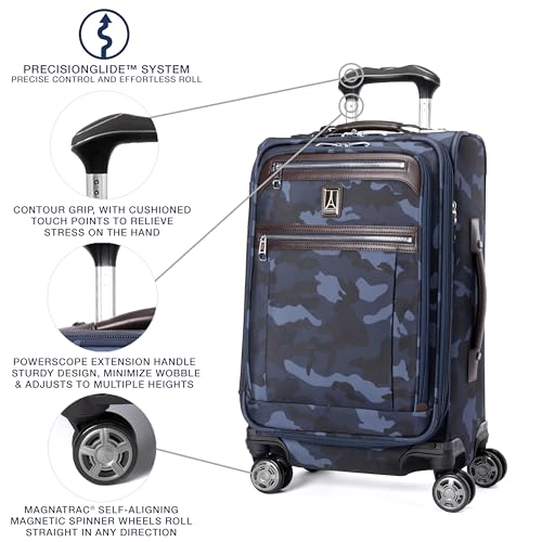 Image of Travelpro Platinum Elite Softside Expandable Carry on Luggage, 8 Wheel Spinner Suitcase, USB Port, Suiter, Men and Women, Navy Camouflage, Carry On 21-Inch