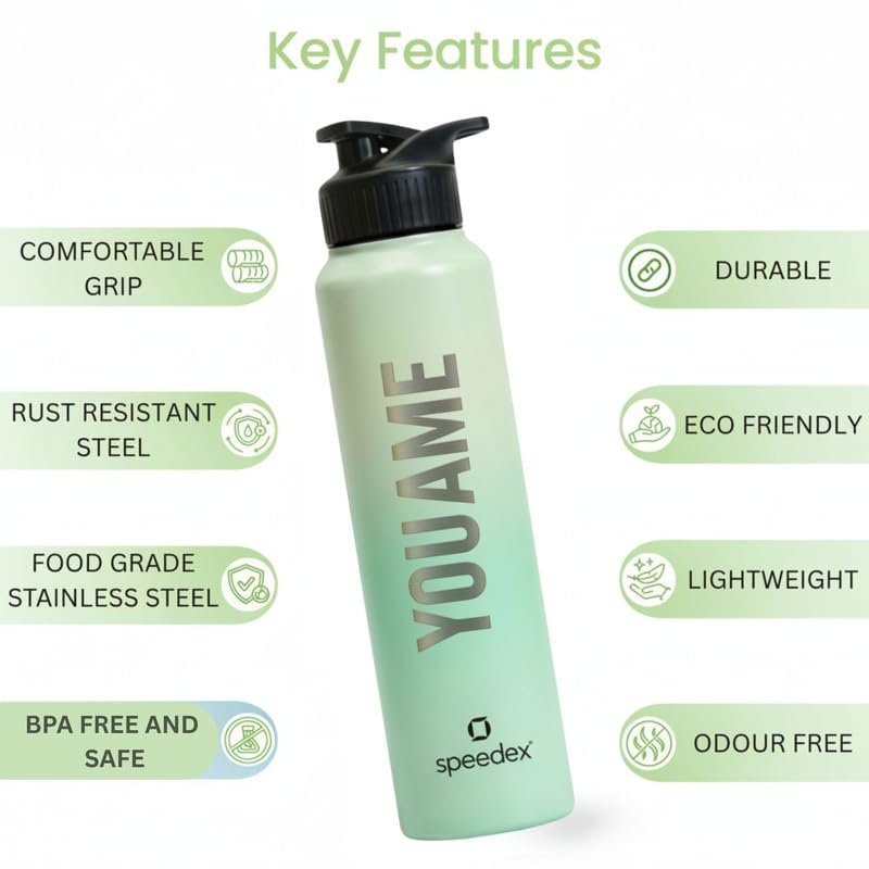 Image of Speedex Customised Stainless Steel Water Bottle 1 Ltr with Name - Personalised Engraved Sipper Cap Bottle for Kids, Men & Women, School, Gym, Office Dual Green, Set of 1