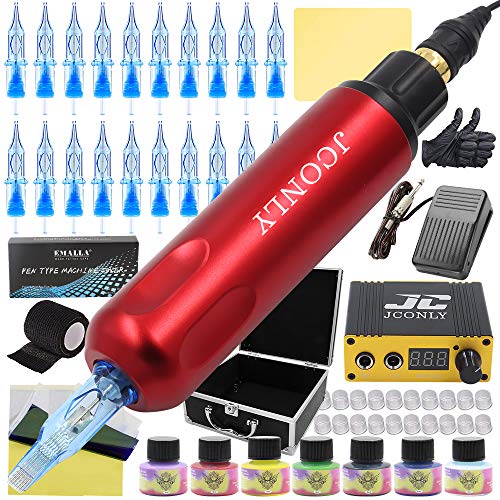 PRO Tattoo Kit - Jconly FANT Pro Rotary Tattoo Machine Pen with LCD Power Supply and 20pcs Advanced Cartridges Needles Tattoo Supplies Complete Tattoo Kit for Tattoo Beginners and Artists(Red)