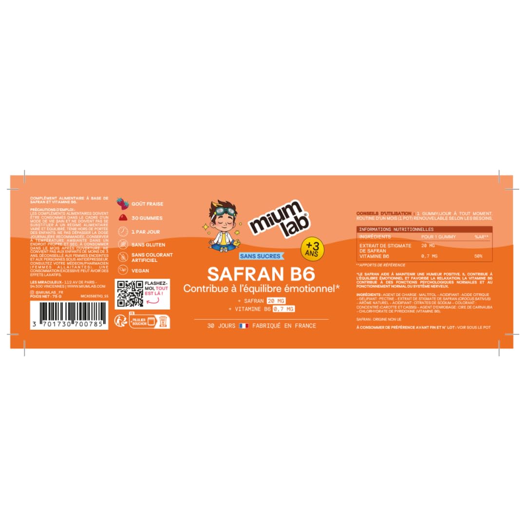 MIUM LAB - Gummies Safran Enfant Vitamine B6 – Équilibre Émotionnel & Concentration – Aide à Gérer Émotions & Agitation – Complément Alimentaire Enfant Sans Sucres – Goût Fraise – Lot de 3