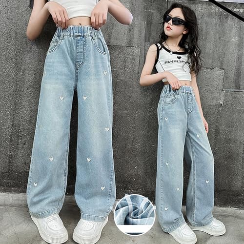 Baggy Heart Embroidered Jeans for Kids Girls Straight Wide Leg Elastic Waist Denim Pants Y2k Style Jeans Fall2