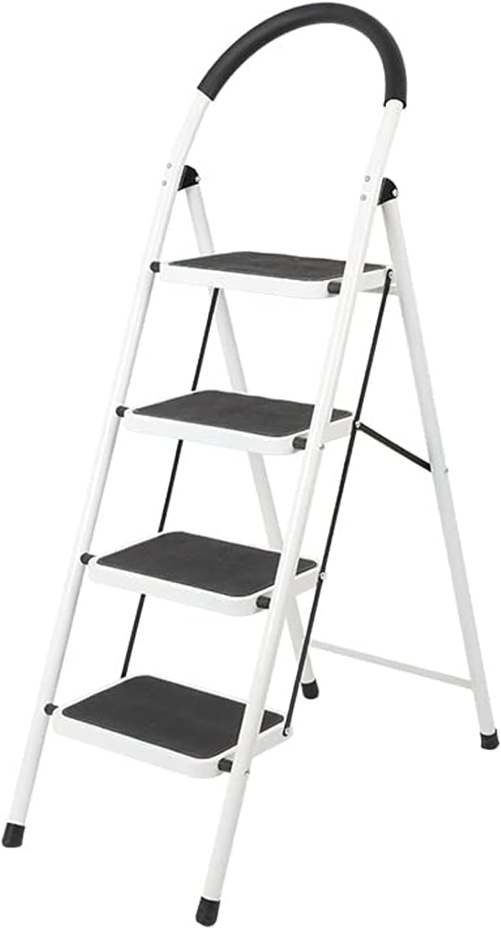 4 Step Ladder Folding Heavy Duty Steel Ladder 150kg Capacity (140x97x81cm), Rubber Pad Multi-Purpose Portable Ladder for Home, Kitchen, Garden, Office, Warehouse