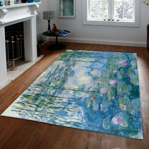Lavable 100x150 Alfombra Sala Estar nenúfares Agua Alfombra Grande tapete Sauce llorón Loto Pelo bajo alfombras impresionistas Vintage Dormitorio Comedor Nursery residencia Decor casa Campo