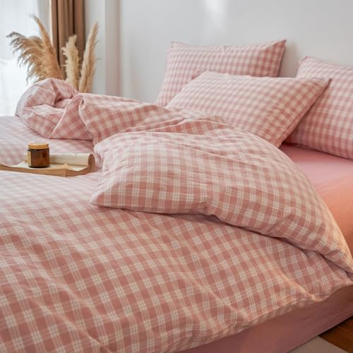 Image of EAVD Vintage Style Gingham Plaid Duvet Cover Full Pink White Soft 100% Washed Cotton Chic Warm Checkered Bedding Set with 2 Pillowcases Farmhouse Grid Gingham Duvet Cover with Zipper Closure